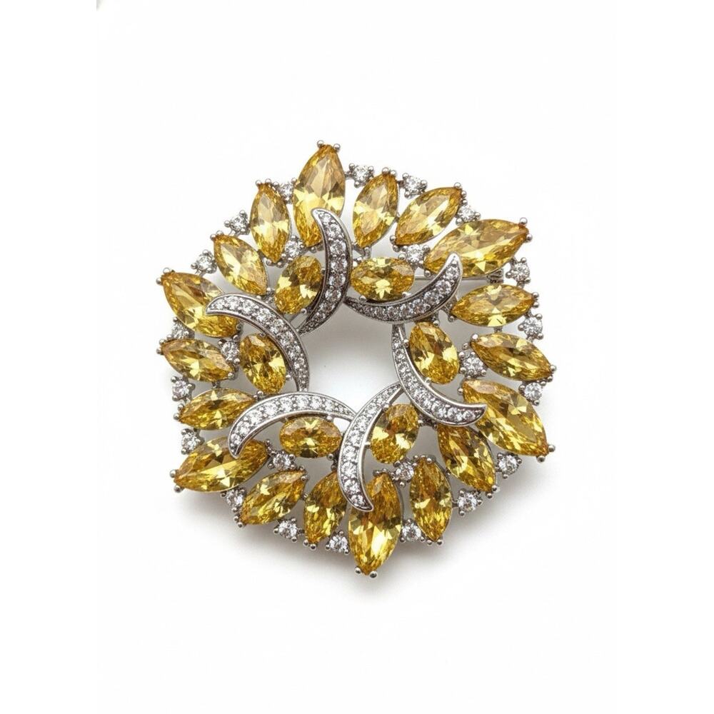 Elegant Gold Plated Floral Brooch Pin for Women Yellow & White Crystals